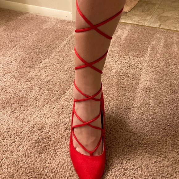 Red suede lace up heels - Picture 2 of 5